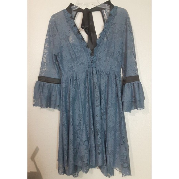 Free People Gilded Lace Victorian Mini Dress Dusty Blue Small P - Picture 6 of 15